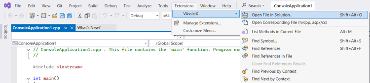 Accessing the Open File in Solution feature via the VAssistX menu in Visual Studio