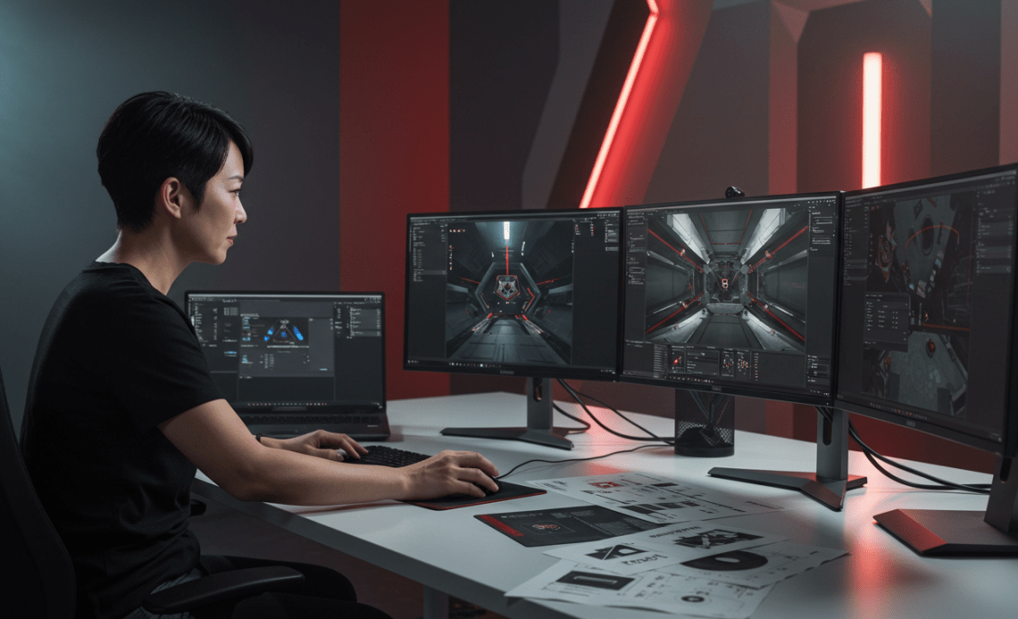 A focused game developer working on a sci-fi game scene using Unreal Engine across multiple monitors in a sleek, red-accented studio setup.