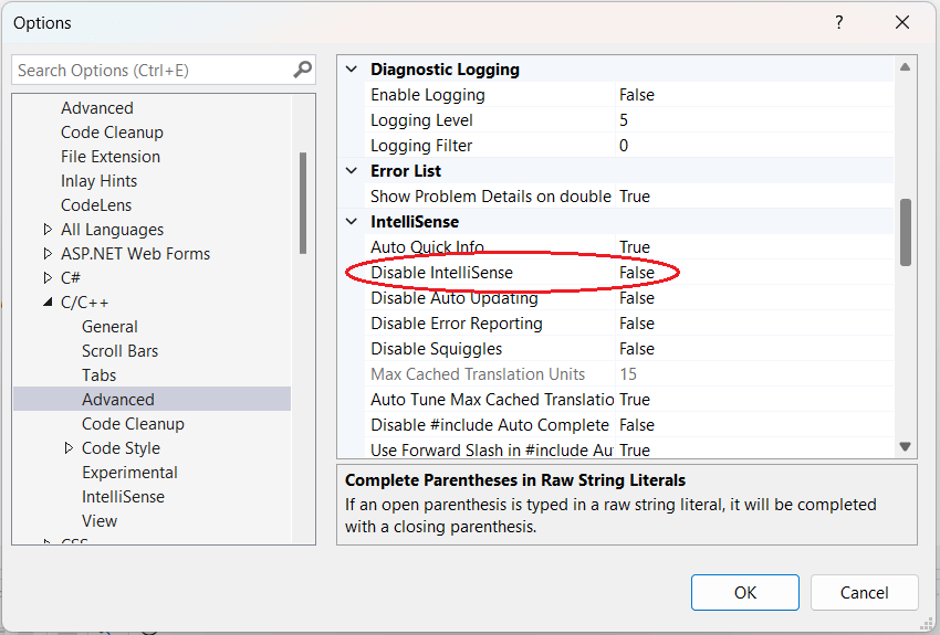 How to disable IntelliSense in Visual Studio Options window