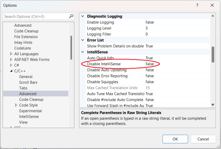 How to disable IntelliSense in Visual Studio Options window