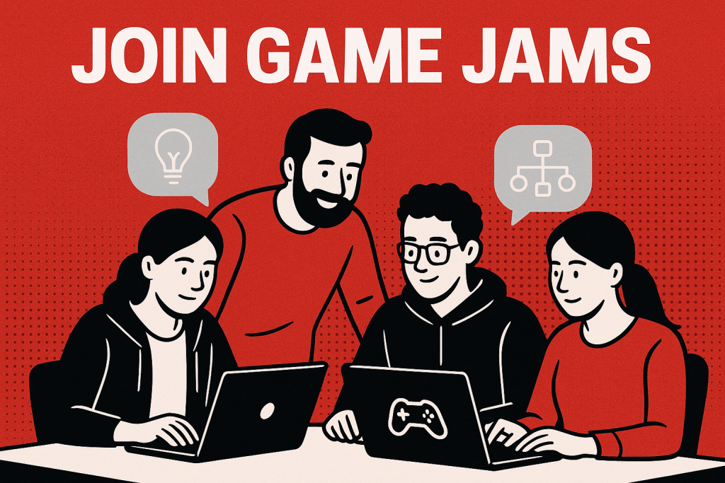 Illustration of four game developers collaborating at a table with laptops during a game jam, under a bold "Join Game Jams" heading, with icons representing ideas and systems above them.
