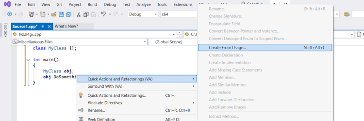 Quick Actions and Refactorings menu items