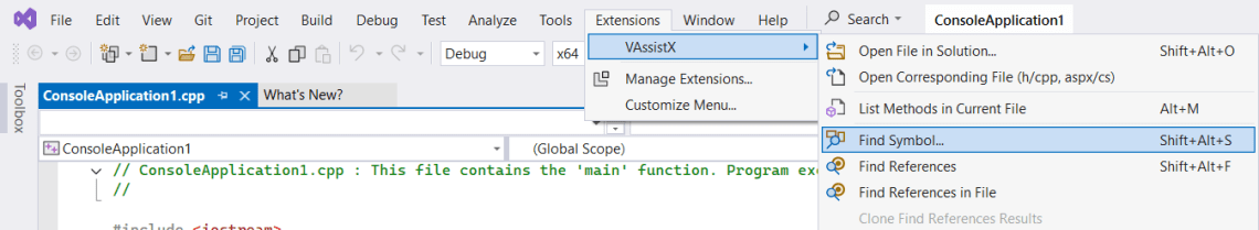 Using the Find Symbol feature in Visual Assist to locate symbols quickly
