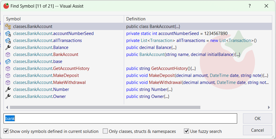 Visual Assist Find Symbol example