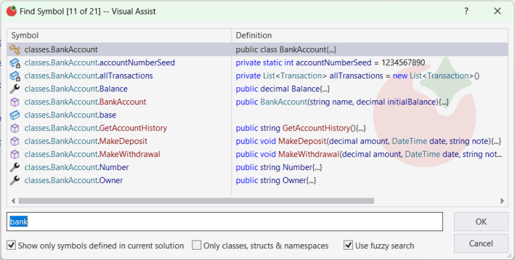 Visual Assist Find Symbol example