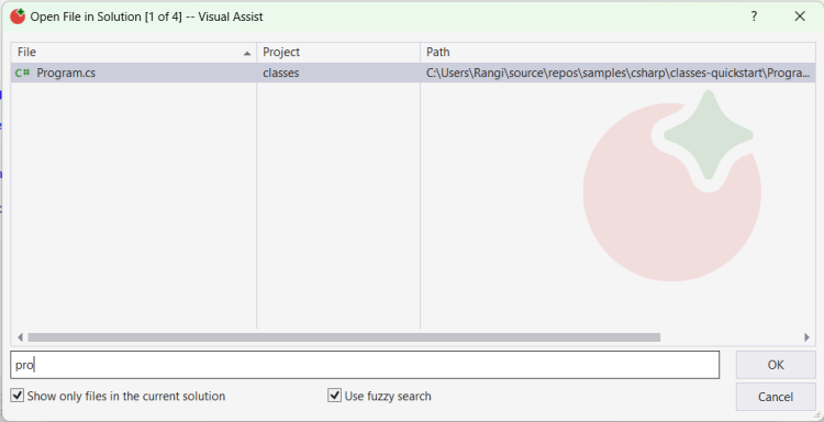 Visual Assist - Open File in Solution Example